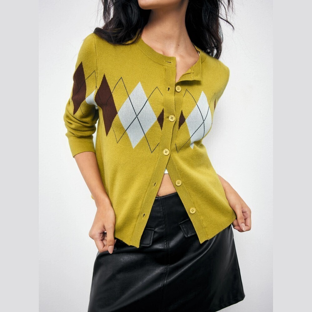 Chartreuse Yellow-Green Argyle Knit Button Front Cardigan